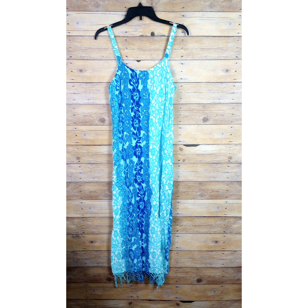 Pineapple Moon Dress Large Blue White Flowers Sleeveless Fringe Summer Hawaiian - Picture 4 of 6